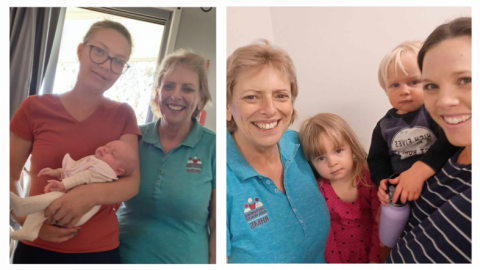 Left: Melanie visiting Michelle and her newborn. Right: Melanie pictured with Casey, her two children, and another on the way